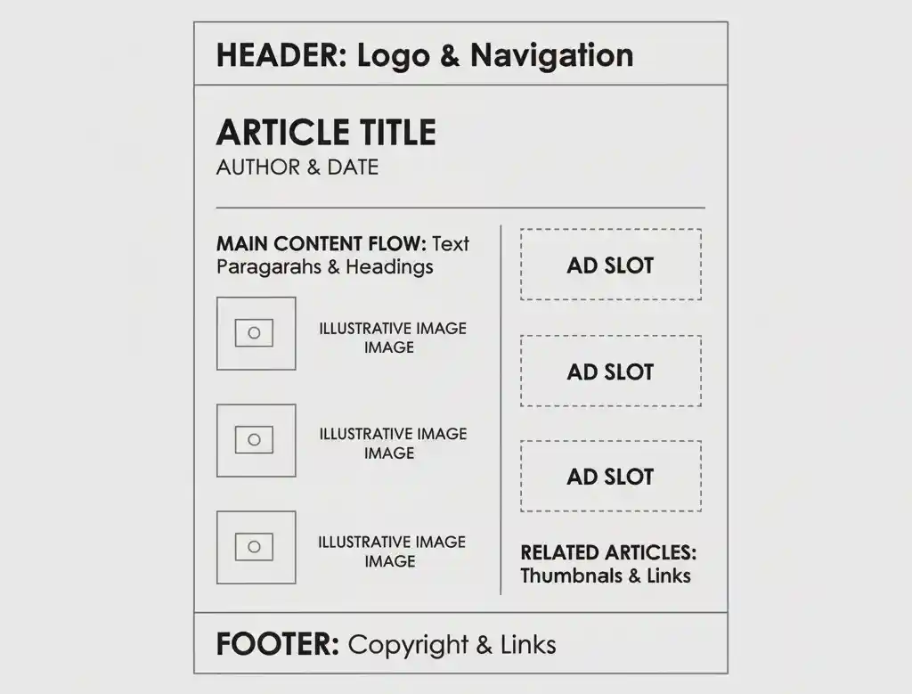 Article wireframe labeling content, illustrative images, and clearly separated ad slots
